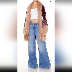 Faux Fur-Trim Embroidered Coat Merlot Color Size Small